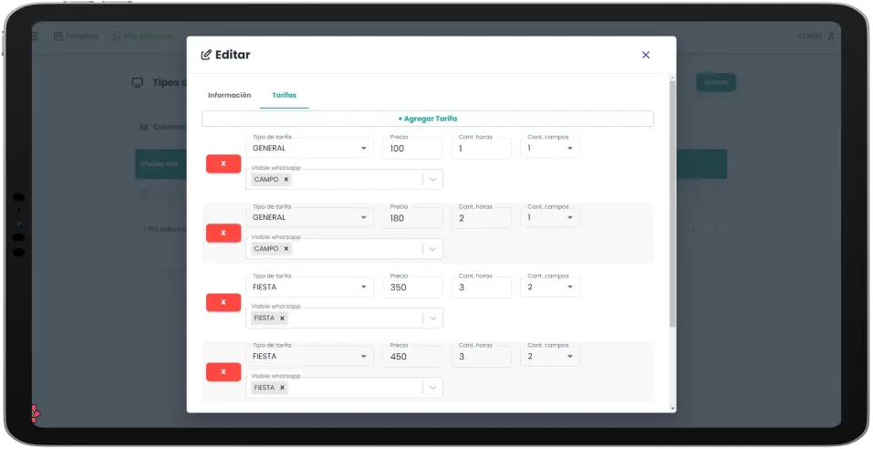 Configuracion de tarifas.